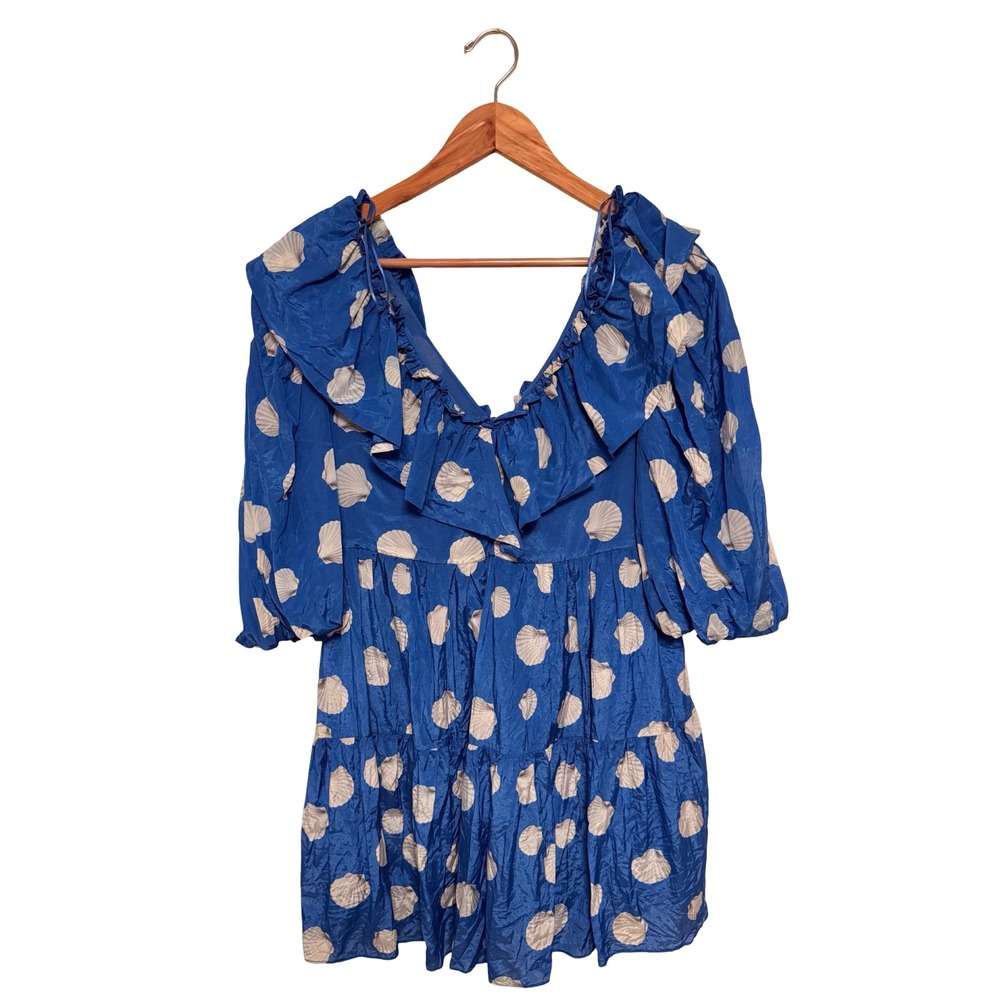 NOCTURNE Seashell Print Ruffle Mini Dress 1 Cobalt Blue Coastal Mermaidcore